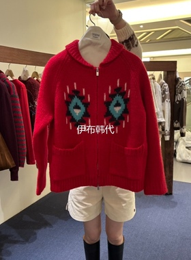 FURE韩国东大门代购25秋款 翻领复古彩色菱形格羊毛针织开衫外套