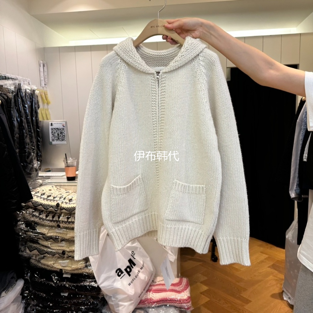 ARC韩国东大门正品代购25冬款 翻领拉链羊毛后背小猫针织开衫毛衣