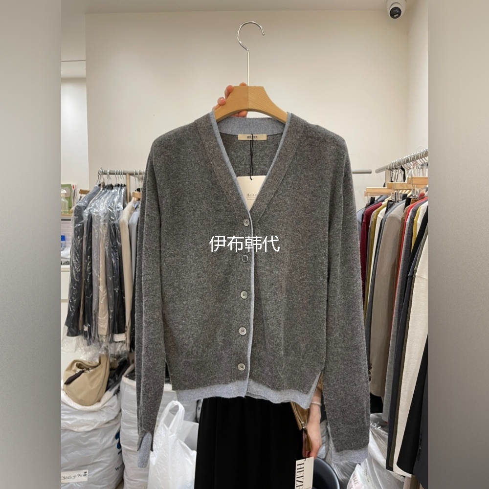 HEIZE韩国东大门正品代购25冬款 V领层叠假两件针织开衫外套女