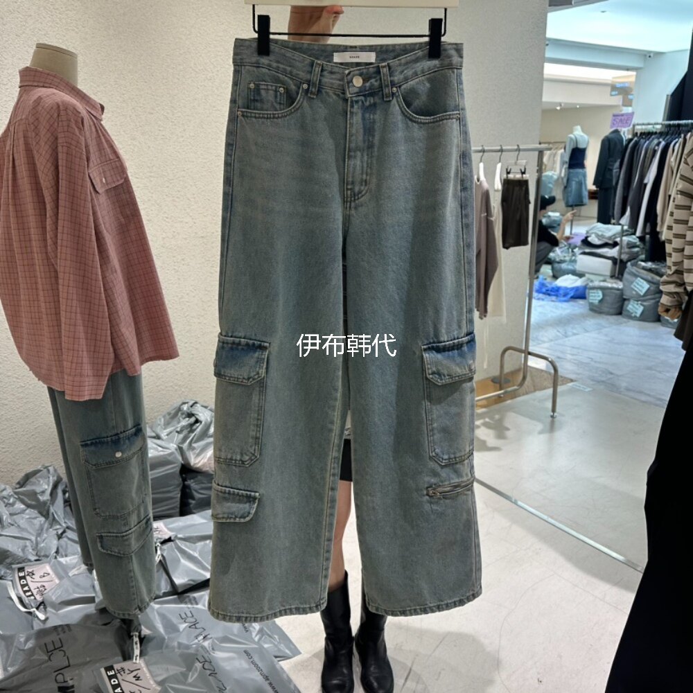 GRADE韩国东大门正品代购26春款 磨白水洗做旧口袋工装牛仔裤女