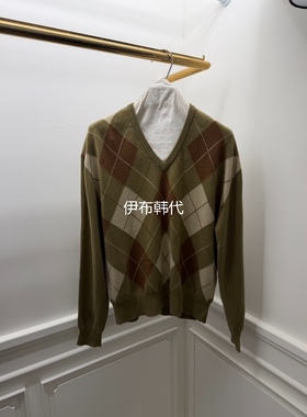 ETER韩国东大门正品代购冬款 V领休闲菱形格复古薄款针织衫