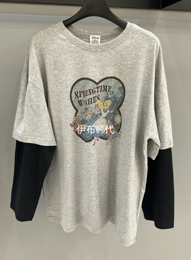 CREDITO韩国东大门正品代购冬款 圆领休闲卡通女孩假两件宽松T恤