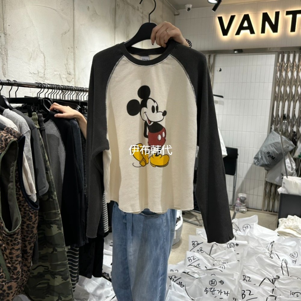 VANTA韩国东大门正品代购25秋款 圆领休闲插肩卡通老鼠长袖T恤女
