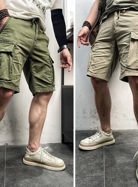 11611 夏季薄款美式复古松紧腰男士暗扣大口袋水洗棉工装休闲短裤