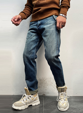 11722 秋冬美式复古青年男士水洗做旧磨白立体裁剪小直筒牛仔裤