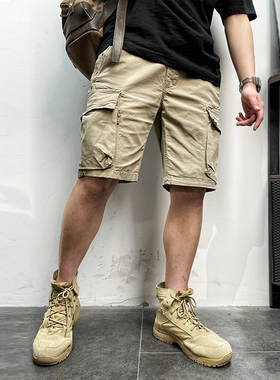 11384 美式复古青年男士潮牌抽绳松紧腰暗扣大口袋工装运动短裤