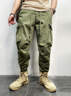 11343 夏薄款美式男纱卡格纹透气亲肤松紧腰大口袋工装束脚休闲裤