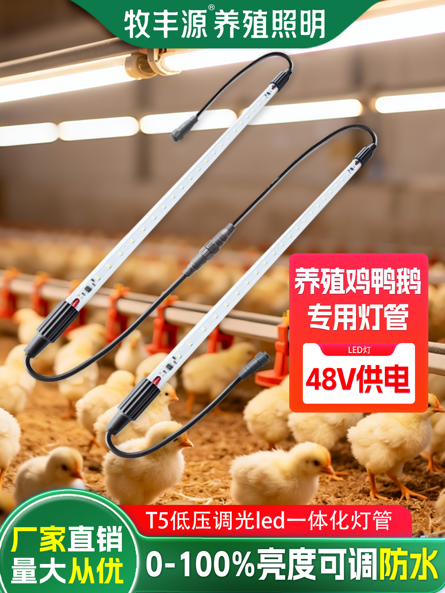 牧丰源T5灯管低功率48V禽舍养殖节能高亮防水照明LED灯管