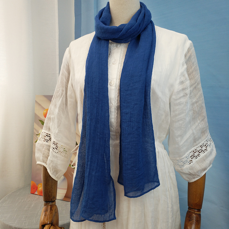 蓝色纯色棉麻围巾女秋冬薄细窄长条百搭时尚装饰领巾丝巾护颈围脖
