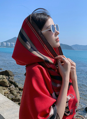 围巾女薄红色民族风沙漠防晒披肩