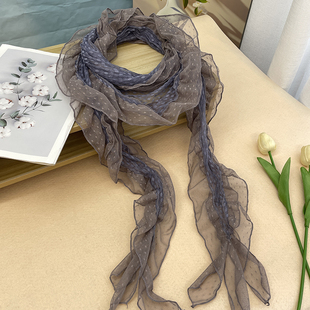 韩系ins波点蕾丝边细长条丝巾围巾女薄时尚系脖领巾飘带装饰围脖