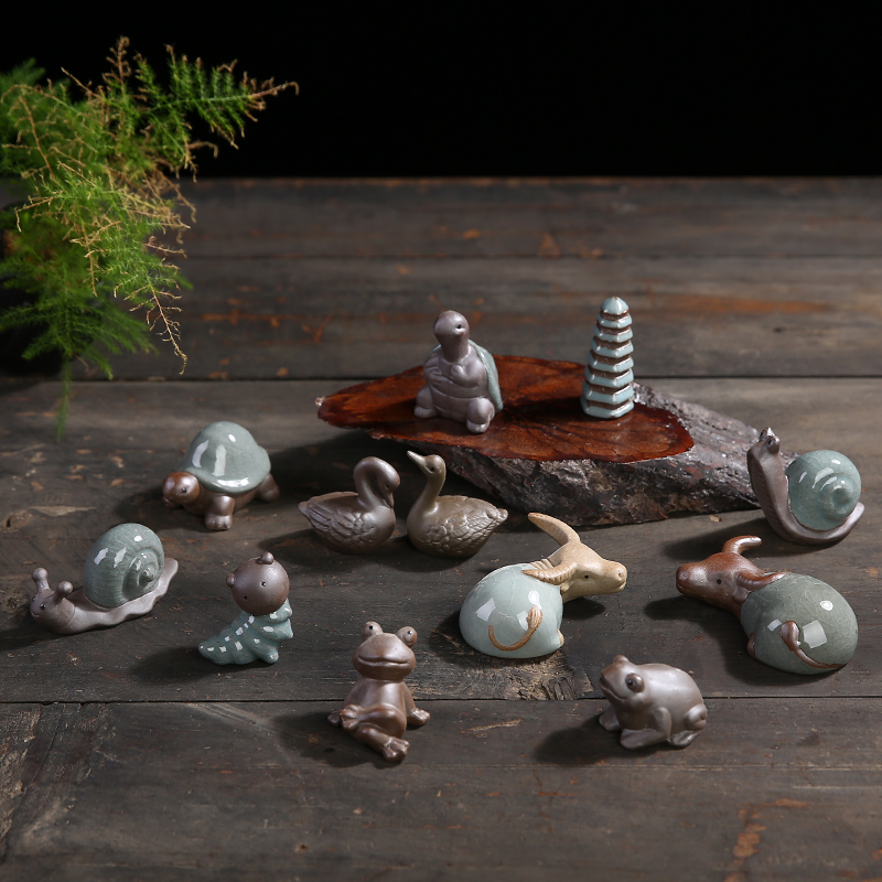 哥窑花宠花盆桌面禅意迷你小摆件陶瓷小动物微景观盆景造景装饰品