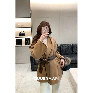 金钻绒 有肉感の双面呢拼皮工艺外套女收腰显瘦气质女士羊毛大衣