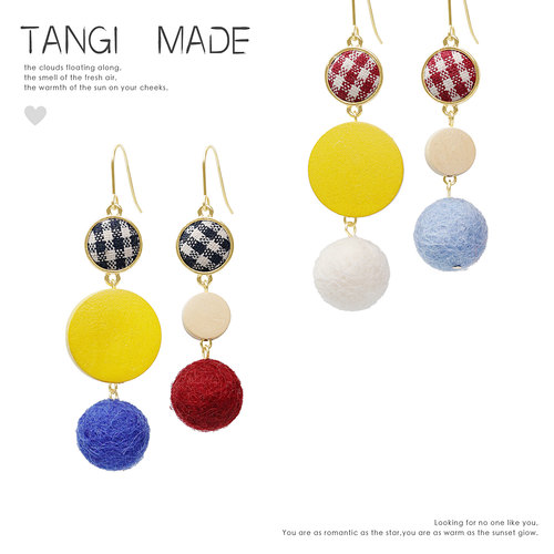 TANGI原创设计春夏新款自制手工爱心蝴蝶结格子耳圈耳环女耳夹