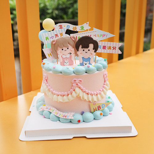 网红六一卡通可爱掐脸男孩女孩软陶插件生日HBD小旗子插卡装扮