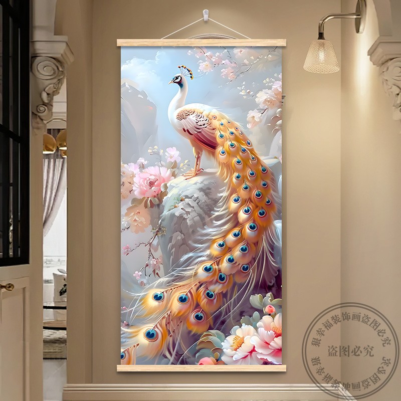 孔雀轻奢玄关装饰画现代简约壁画背景墙画走廊过道挂画客厅餐厅画图片