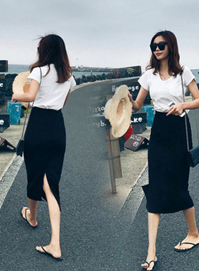 弹力后开叉包臀裙中长裙女2025春夏高腰显瘦黑色一步裙半身裙子