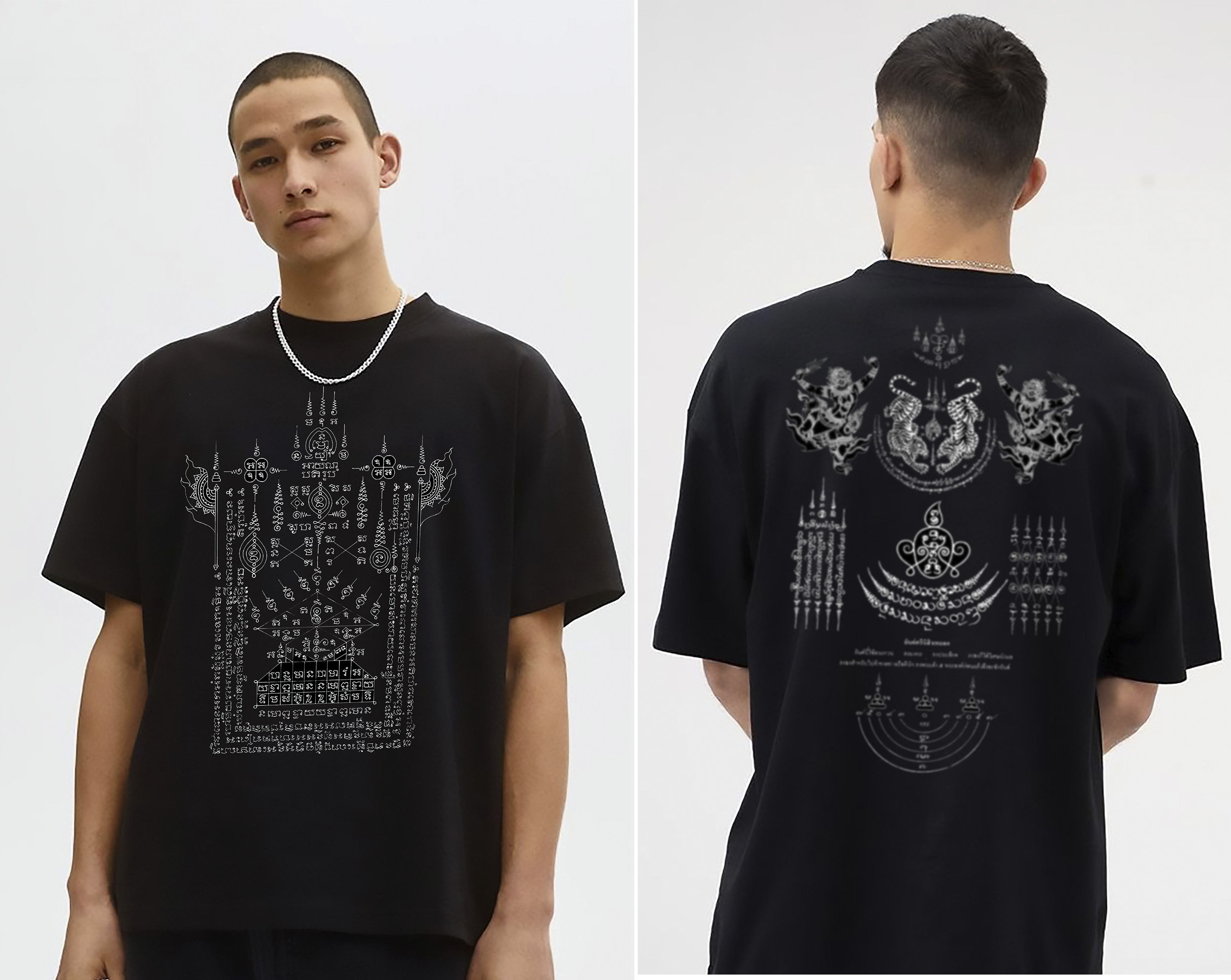 美式重磅刺符佛牌泰国经文纹身衣服港风纯棉圆领短袖宽松t恤定制