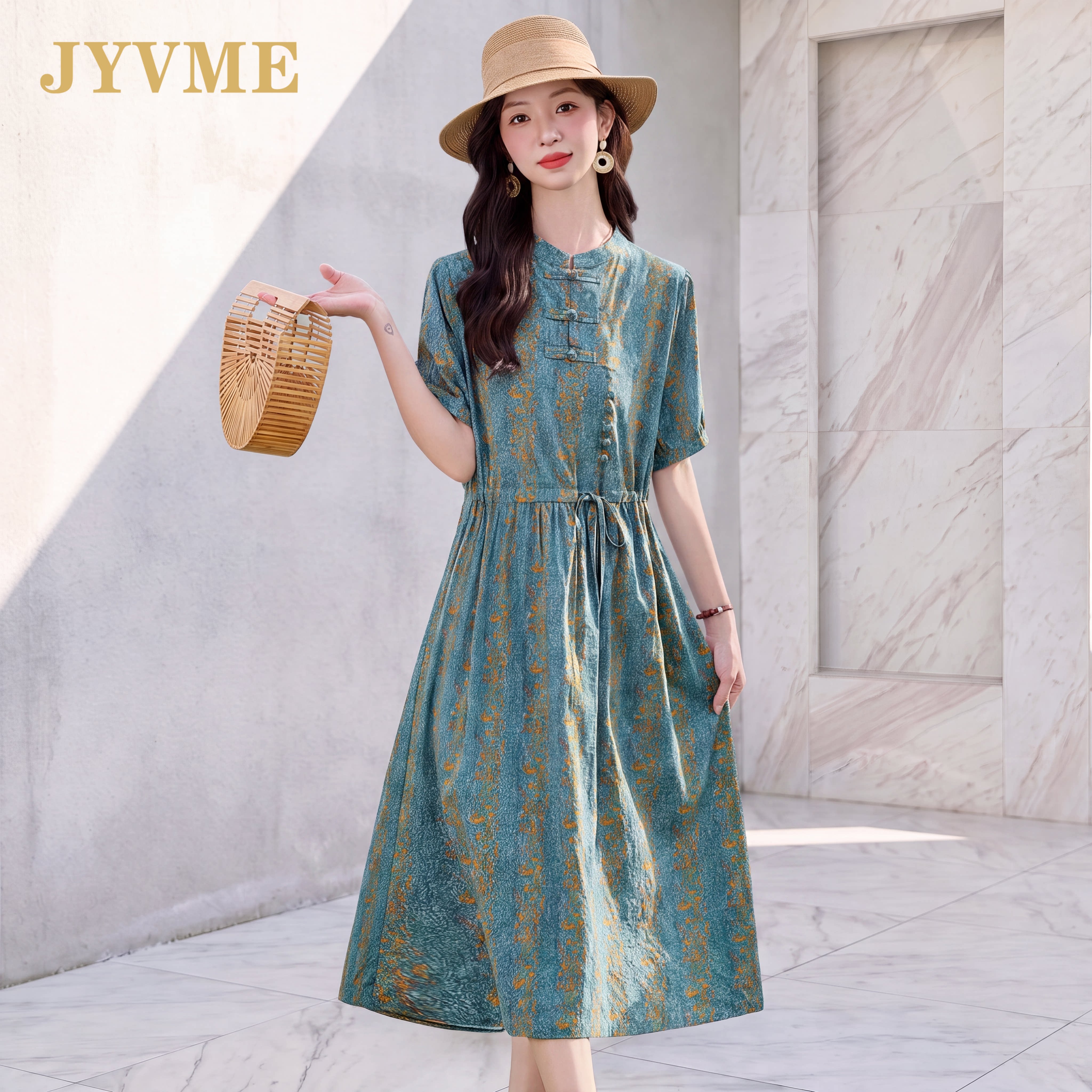 JyVme轻奢2026夏季新款棉连衣裙女中长款显瘦收腰时尚碎花裙子