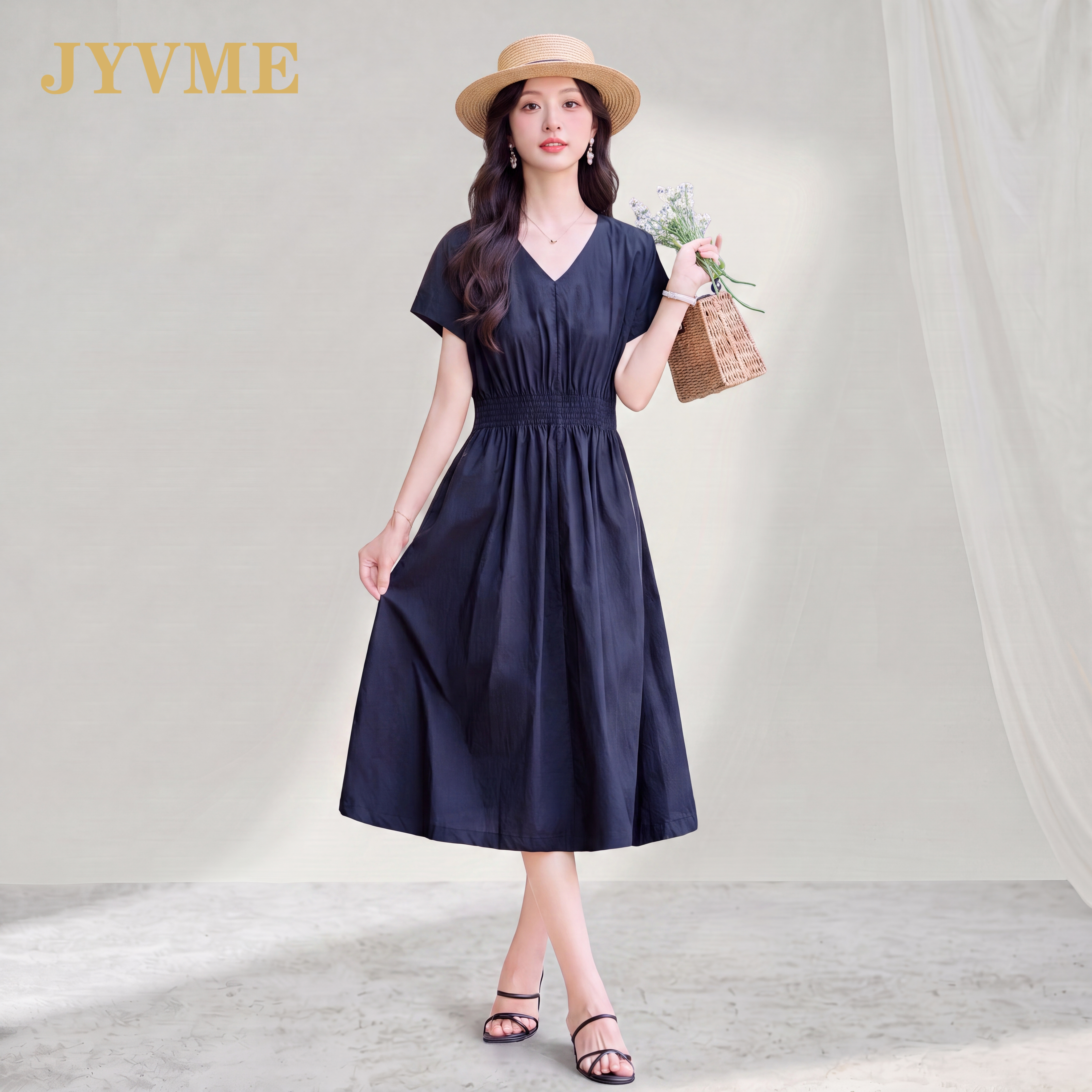JyVme轻奢藏青色天丝亚麻短袖连衣裙女2026年夏季新款V领中长裙子