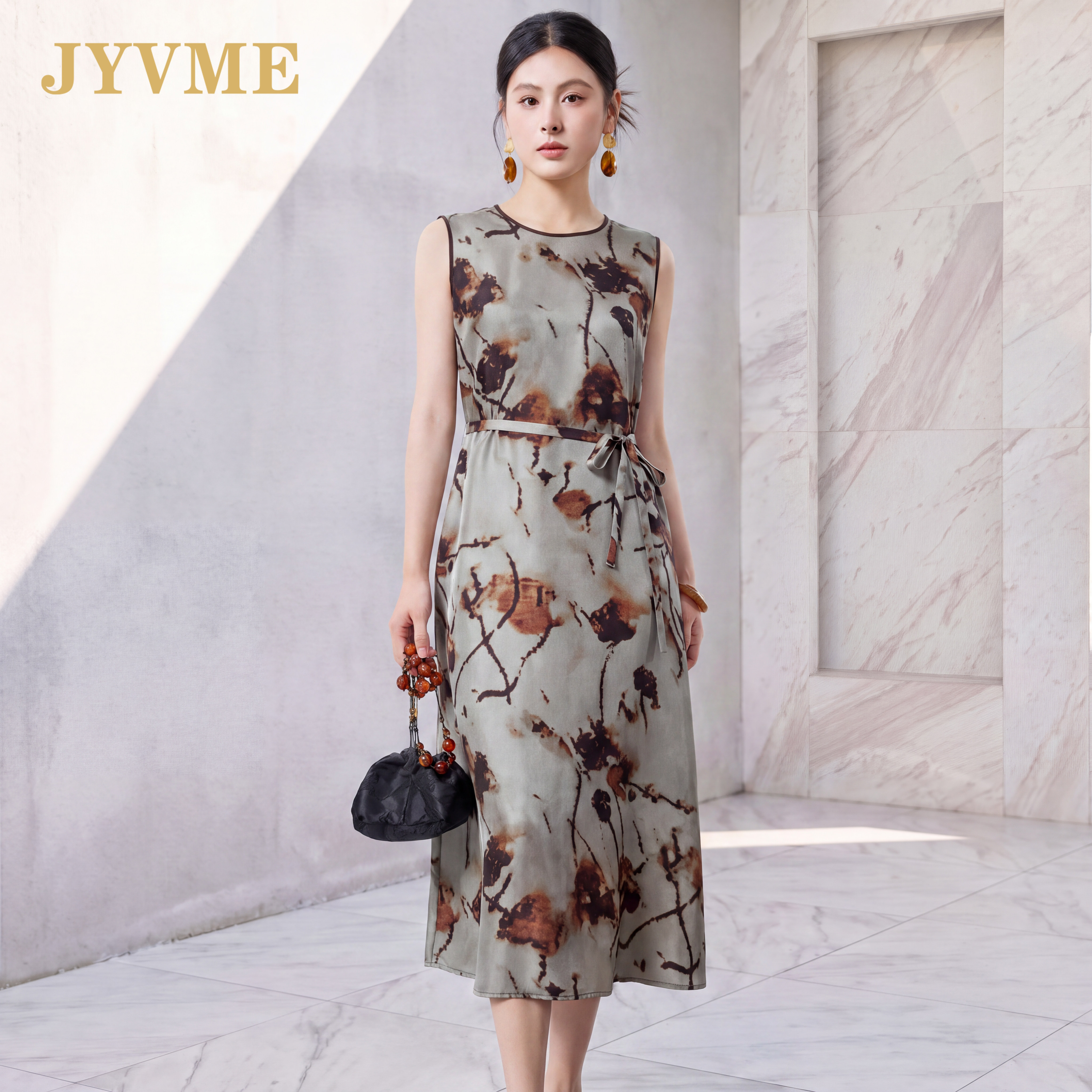 JyVme轻奢桑蚕丝连衣裙女2026新款印花无袖收腰新中式真丝裙子