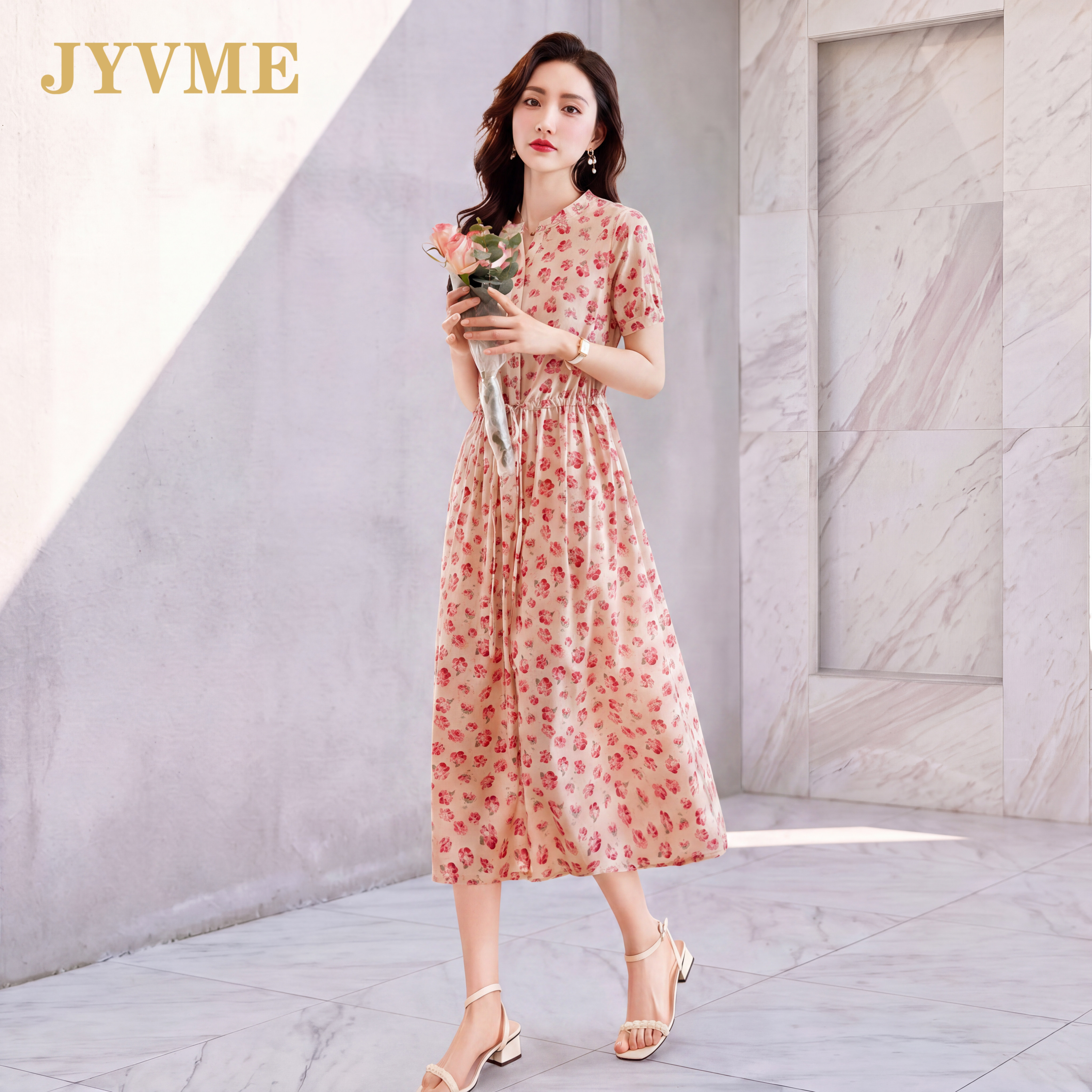 JyVme轻奢时尚2026夏季新款纯棉连衣裙女气质中长款碎花显瘦裙子