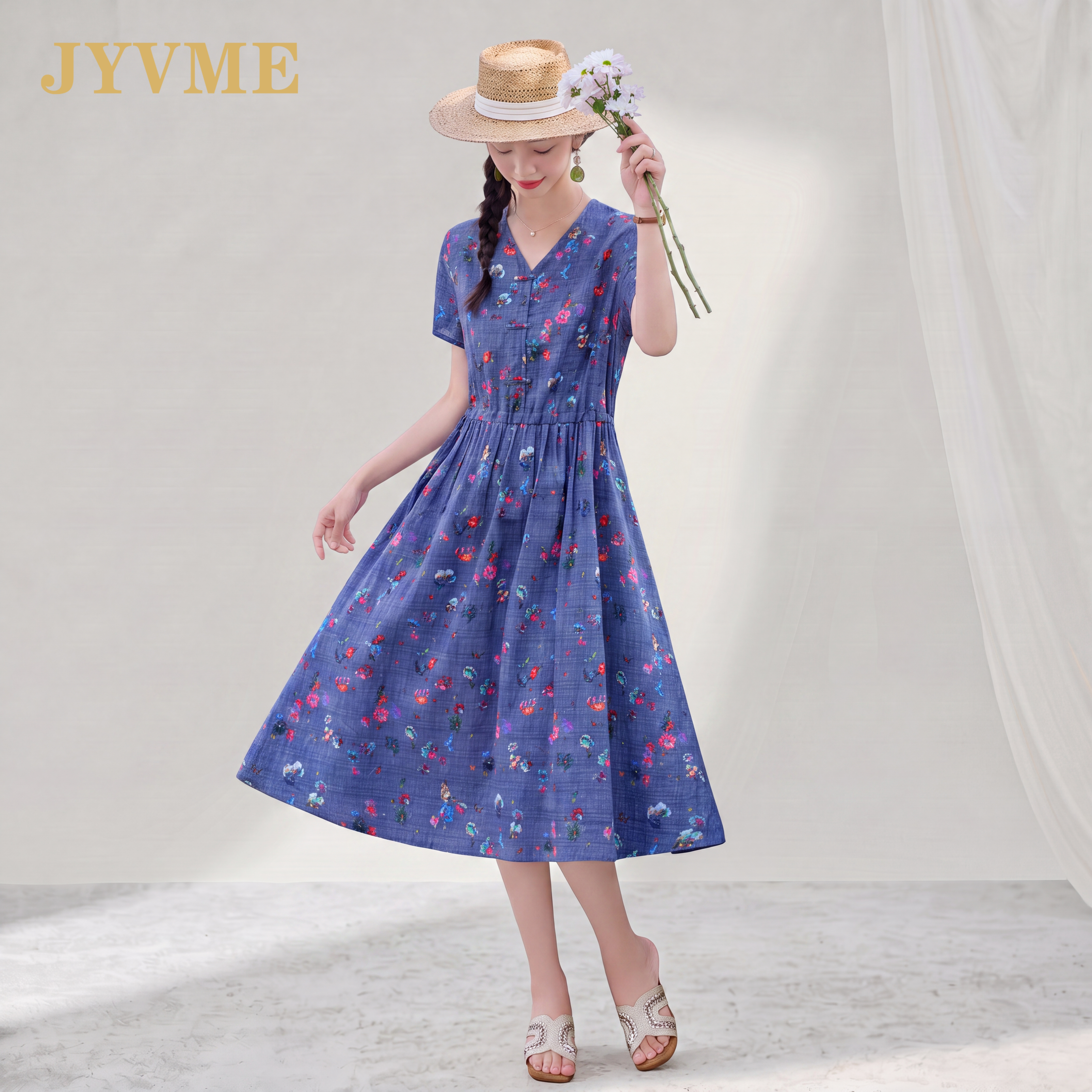 JyVme轻奢时尚2026夏季新款棉麻连衣裙女复古显瘦V领印花短袖裙子