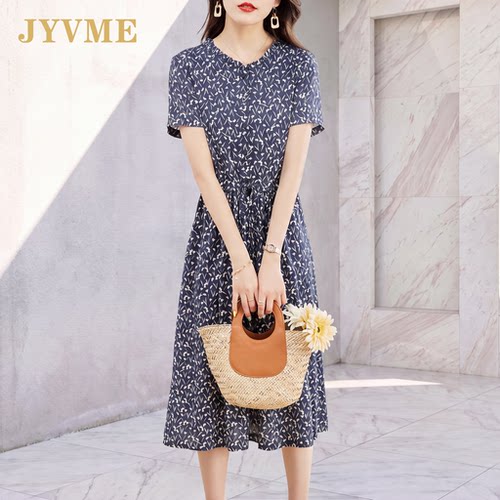JyVme轻奢高端棉麻连衣裙女夏季2026新款收腰长款洋气妈妈碎花裙