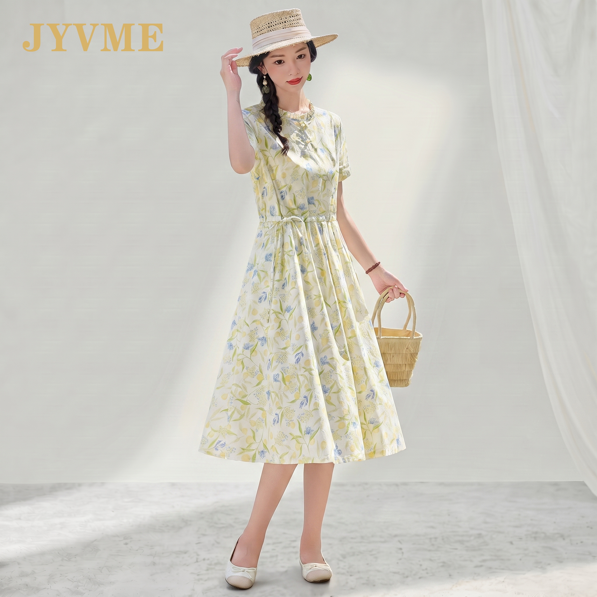 JyVme轻奢2026夏季新款纯棉印花连衣裙女气质显瘦中长款时尚裙子