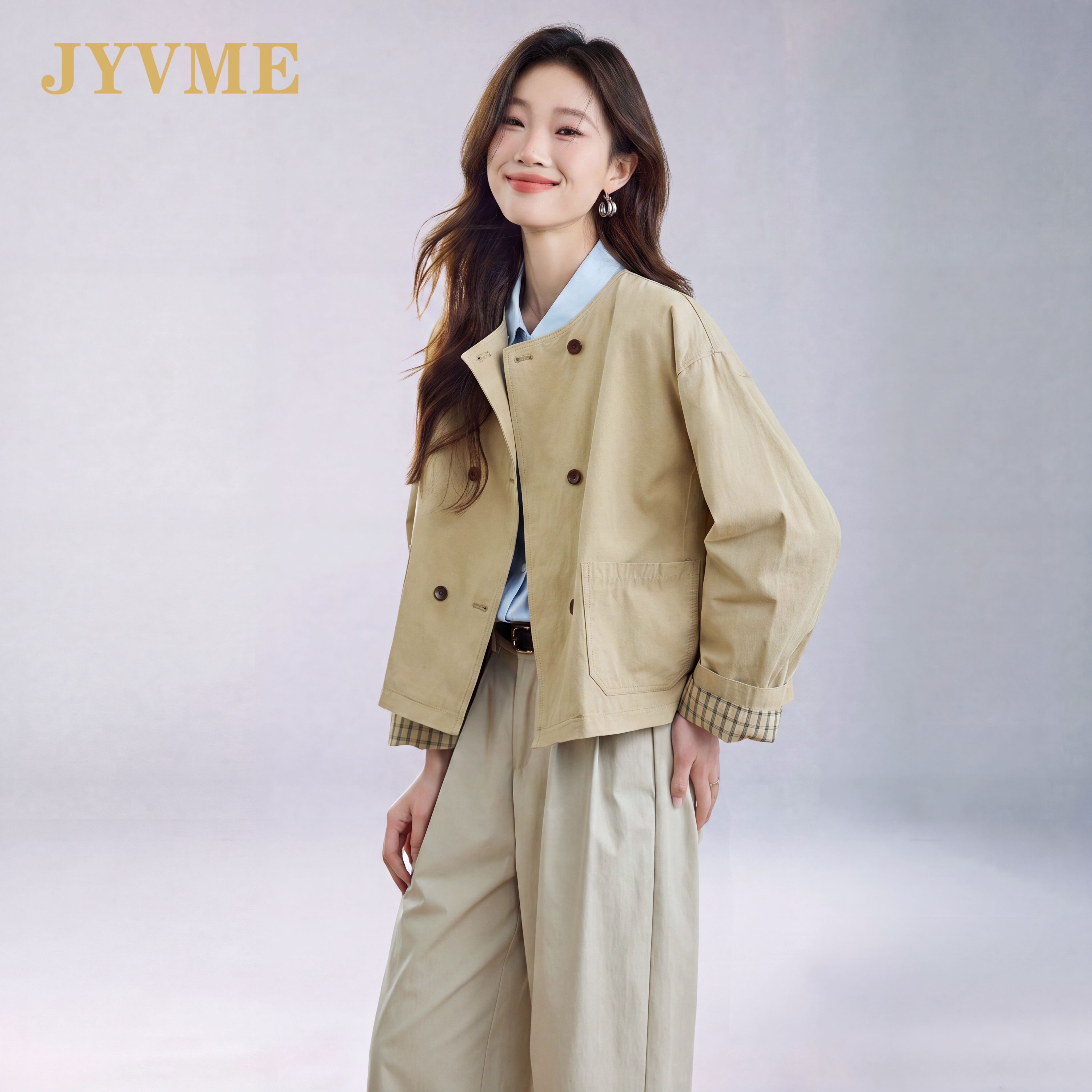 JyVme轻奢外套女2026秋新款圆领小个子短款夹克风衣减龄休闲上衣