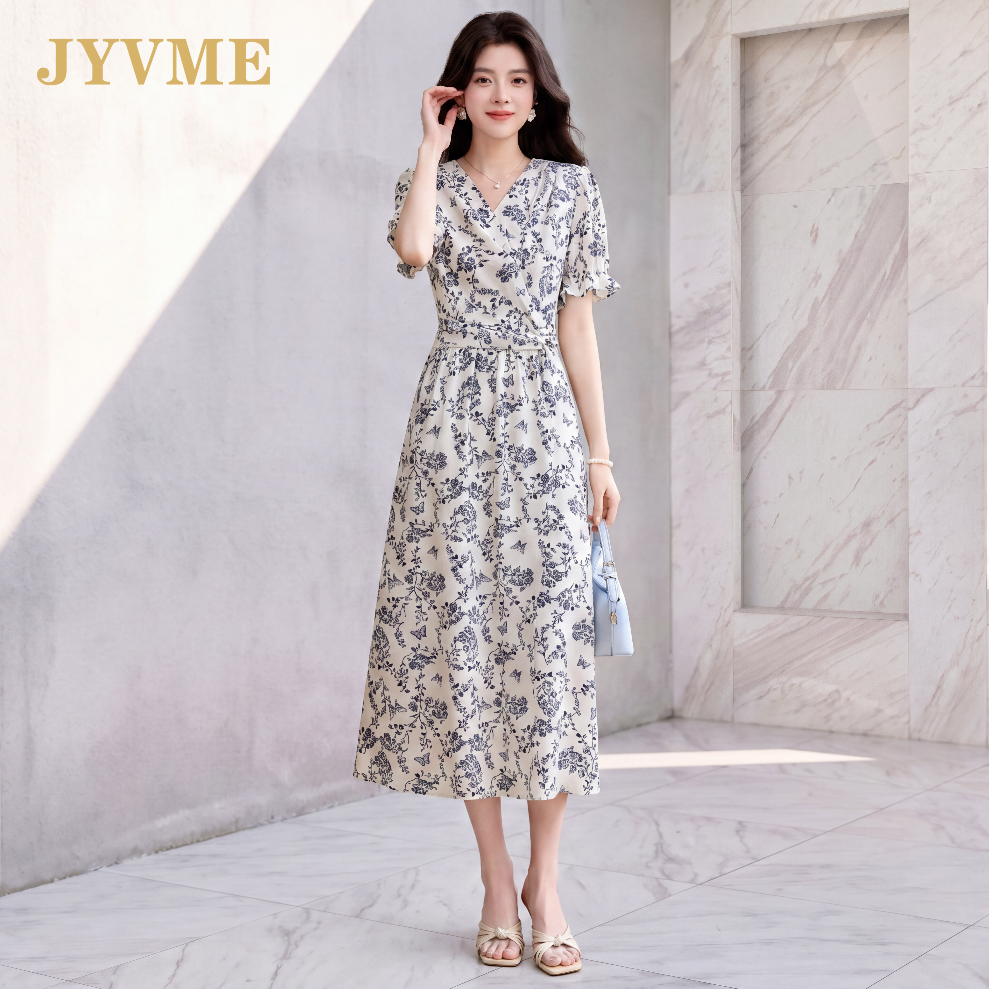 JyVme轻奢印花真丝连衣裙女夏季过膝长款修身显瘦新款桑蚕丝裙子