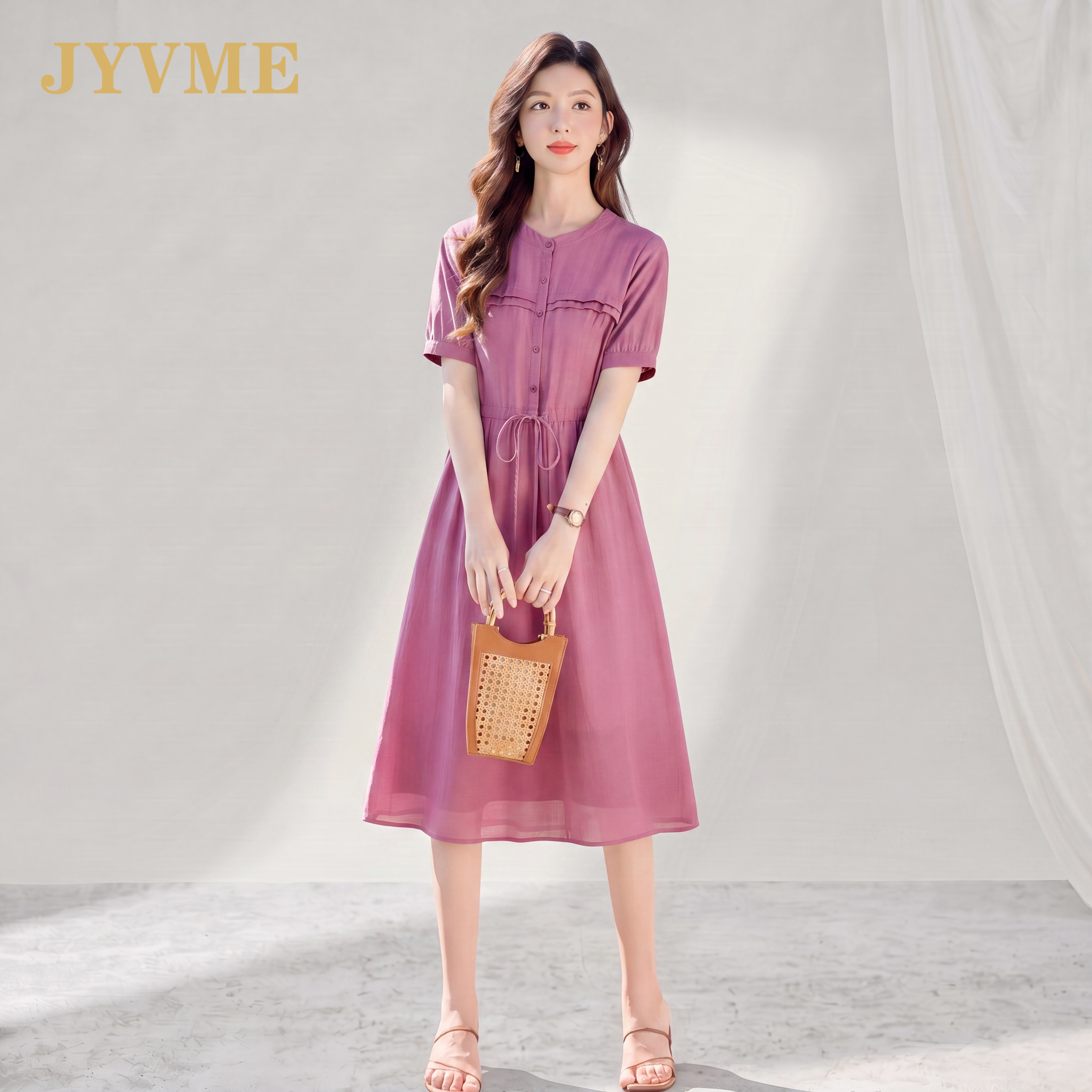 JyVme轻奢高端苎麻连衣裙女2026夏季新款时尚粉色休闲裙子中长款