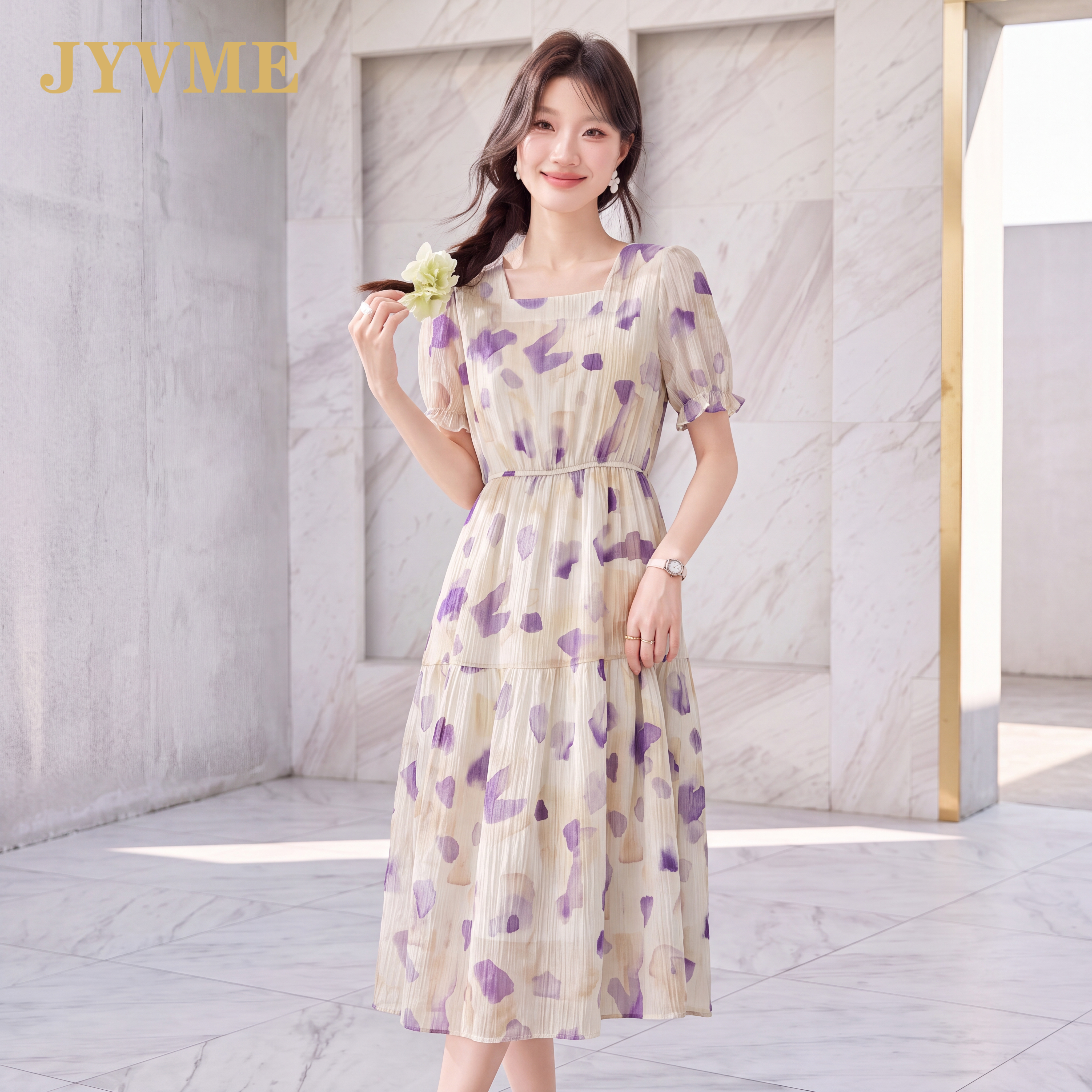JyVme轻奢2026夏季新款天丝连衣裙女时尚短袖中长款印花中长裙子