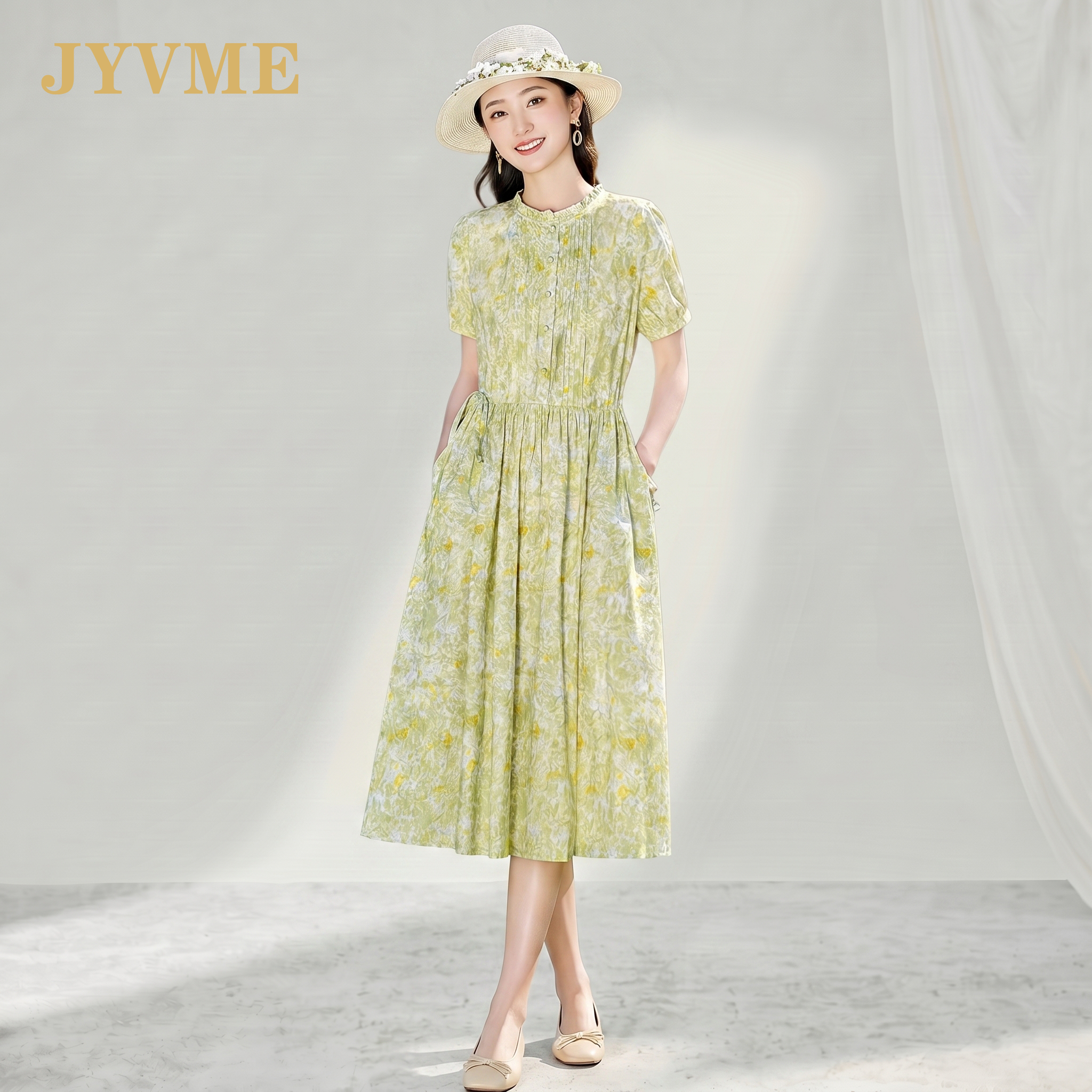 JyVme轻奢碎花连衣裙女2026夏季新款洋气显瘦短袖纯棉中长款裙子