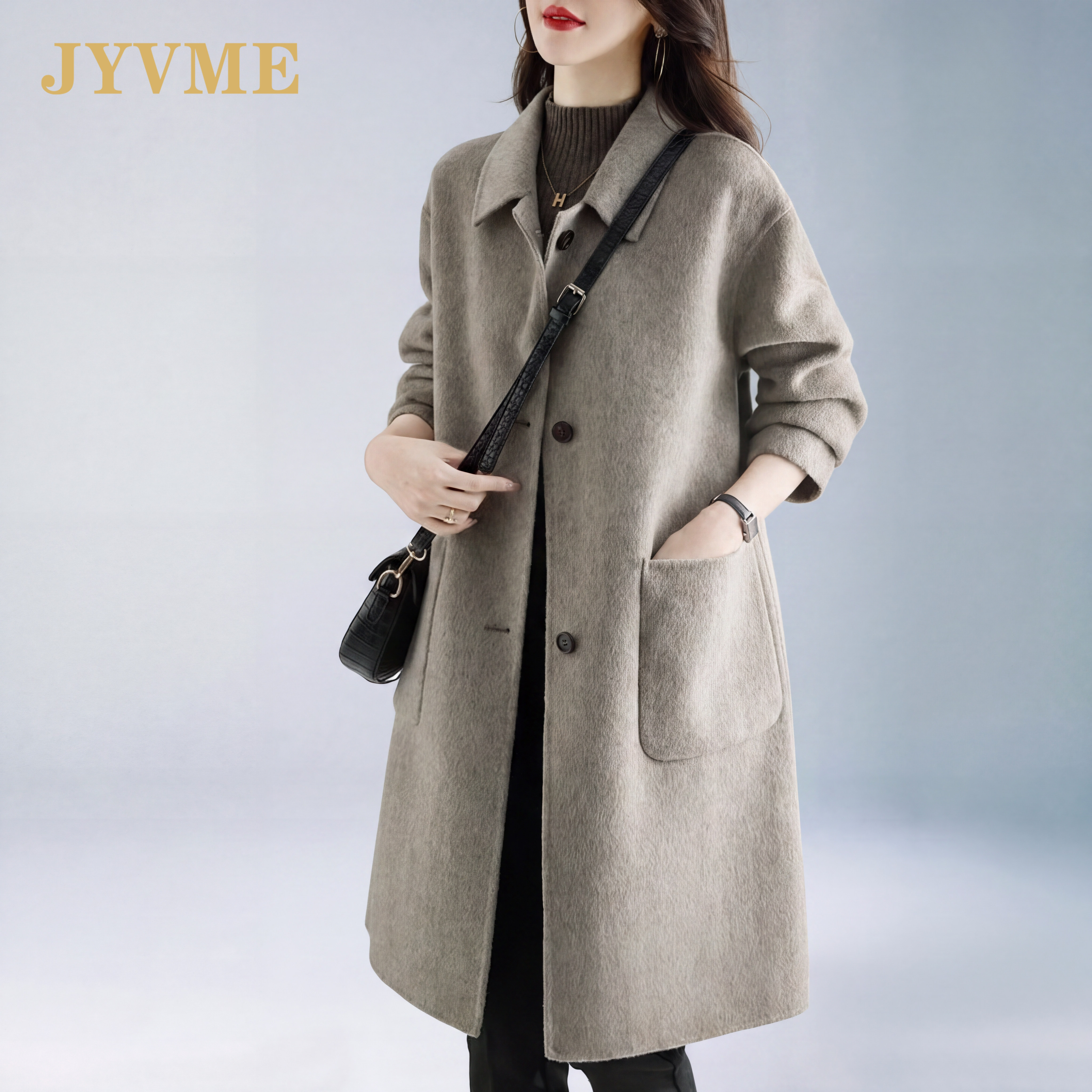 JyVme轻奢双面羊毛大衣女2026秋冬新款单排扣中长款方领呢子外套