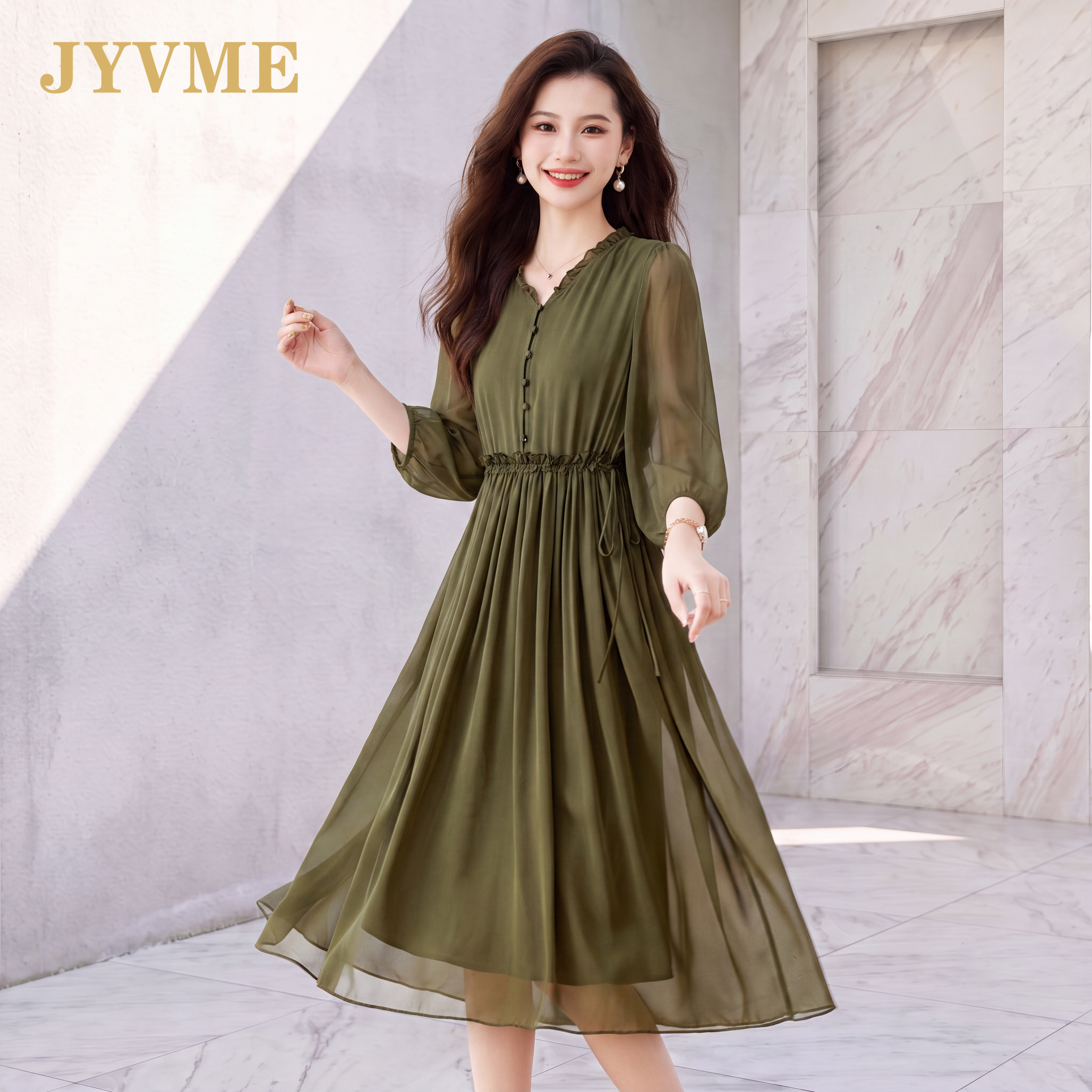 JyVme轻奢新款七分袖真丝连衣裙2026新款中长款洋气v领桑蚕丝裙子