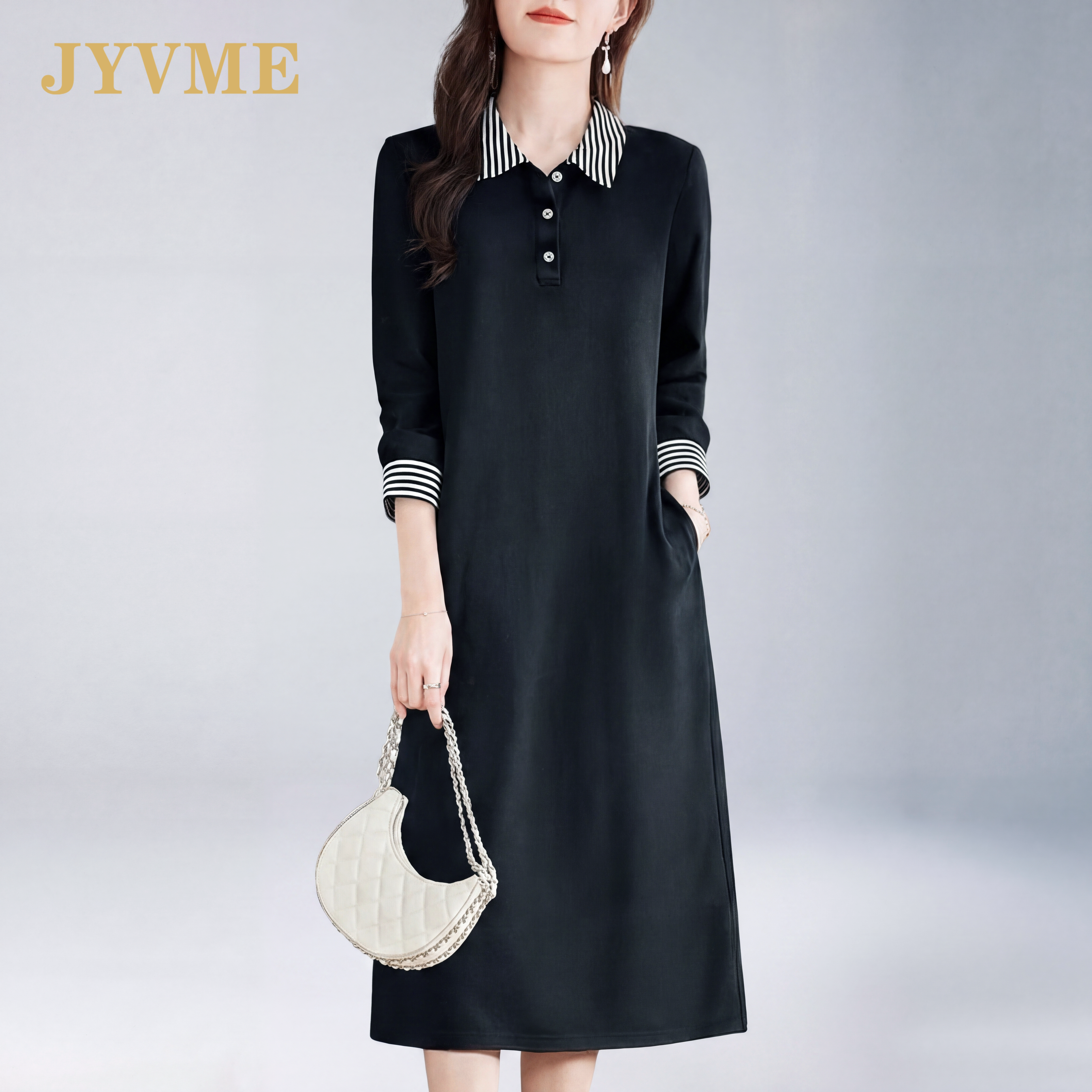 JyVme轻奢黑色连衣裙高级感显瘦气质2026新款长袖条纹拼接大码裙