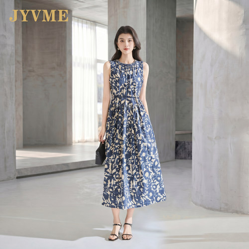 JyVme轻奢2026夏季新款女士设计感印花连衣裙腰带气质中长裙无袖