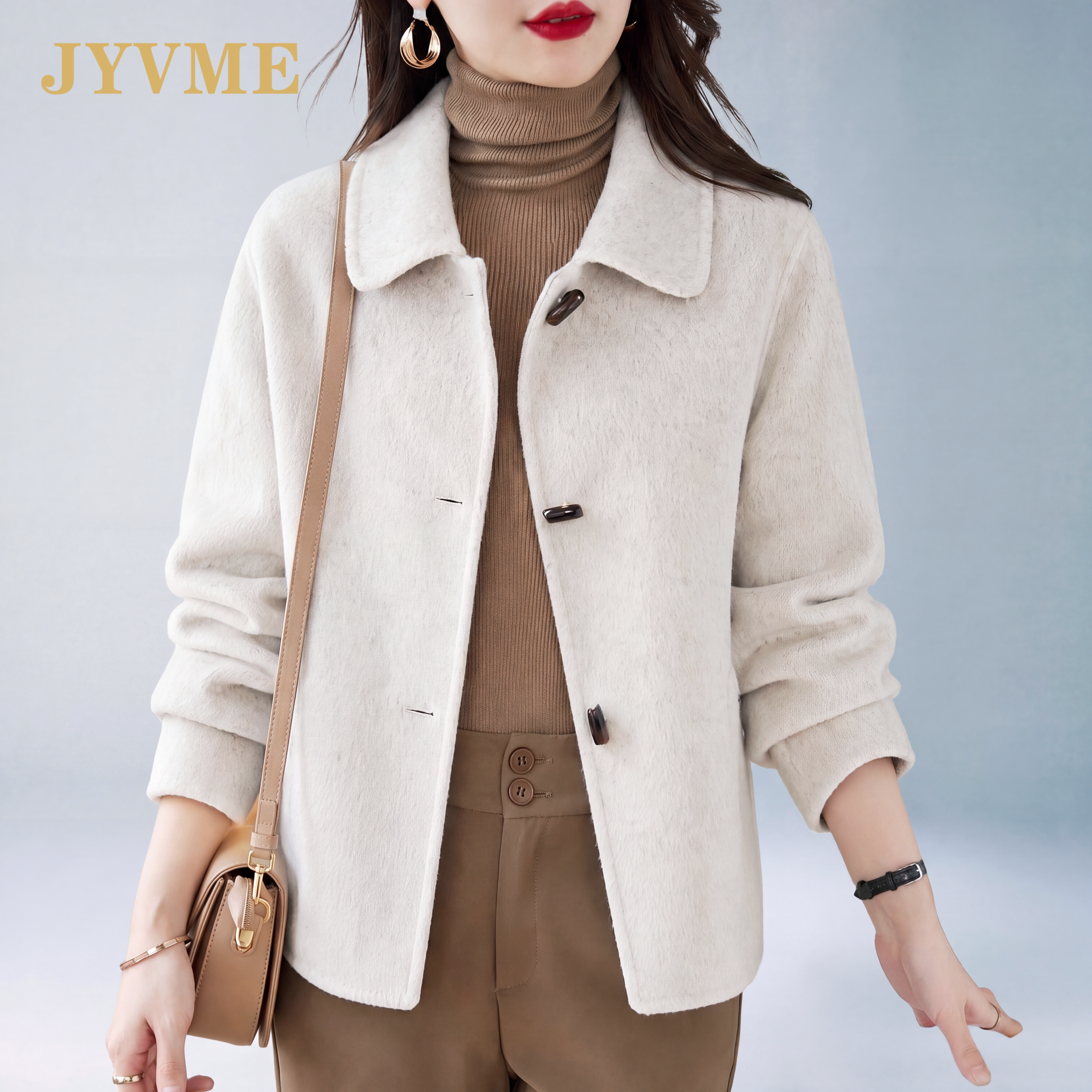 JyVme轻奢时尚牛角扣双面羊毛大衣女2026新款大气秋冬羊毛绒外套