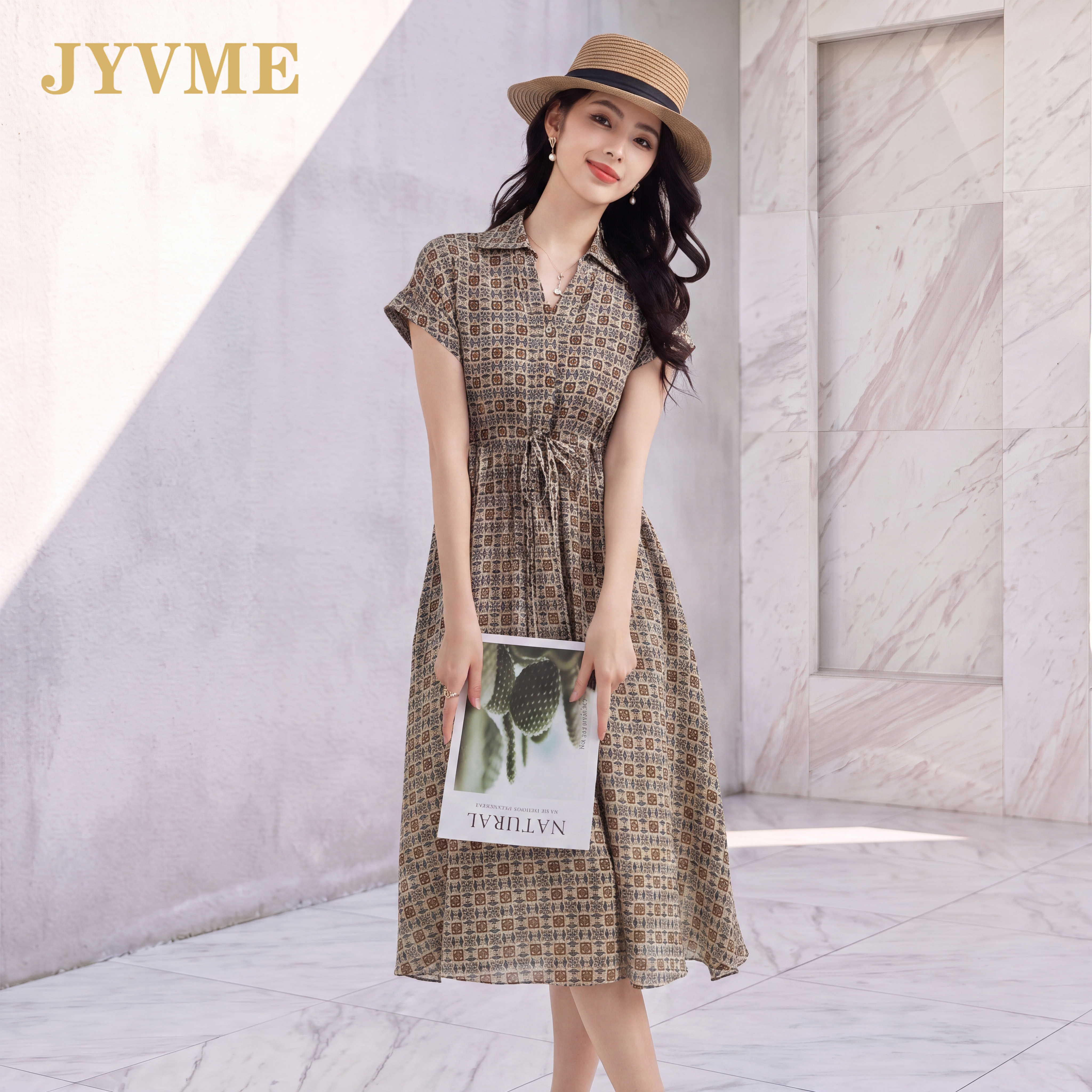 JyVme轻奢印花桑蚕丝连衣裙2026新款优雅显瘦真丝长裙短袖衬衫裙