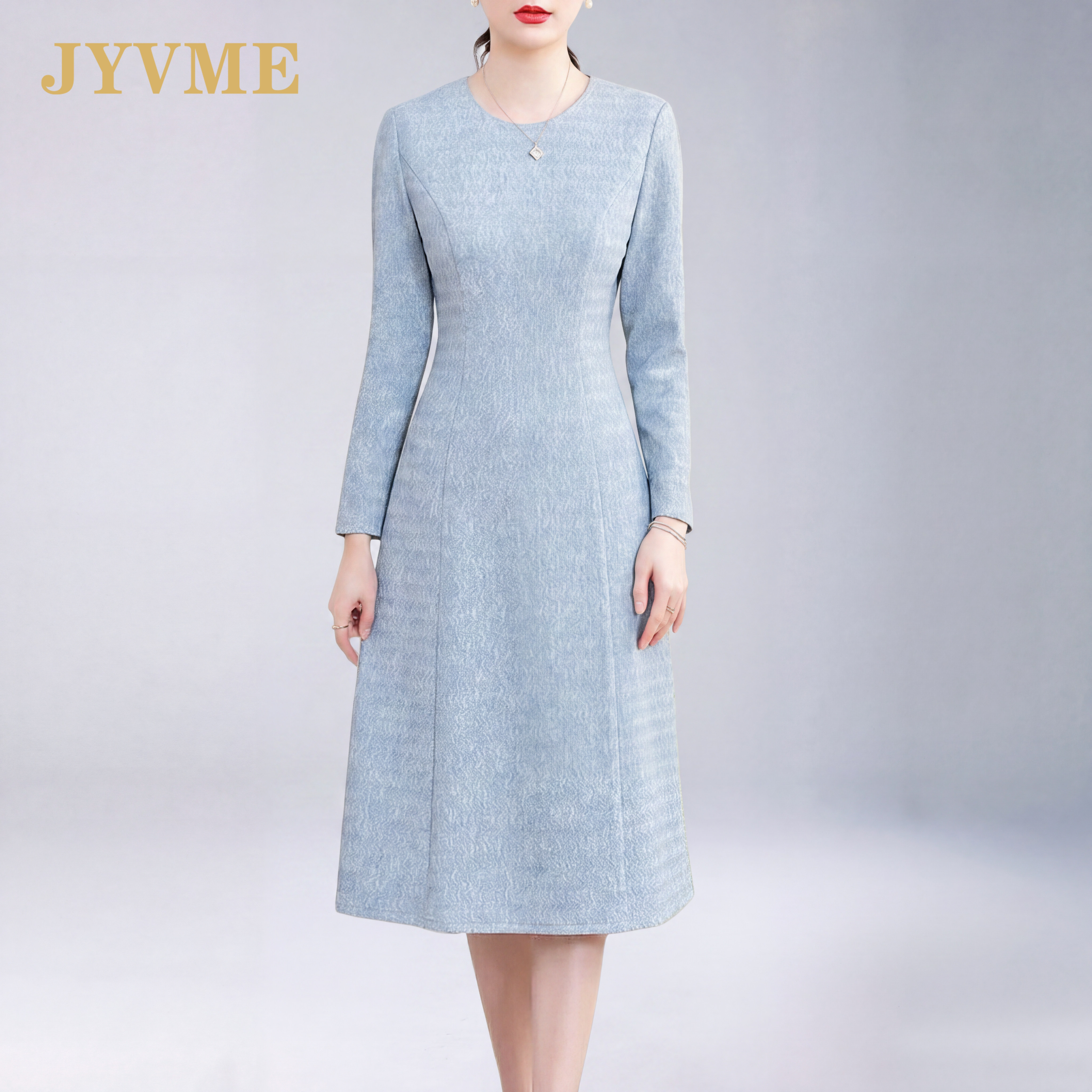 JyVme轻奢气质收腰a字连衣裙女2026秋季新款高级感显瘦圆领裙子