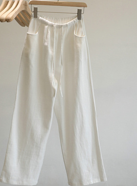老钱风bi入~夏季新款白色棉麻休闲裤女高腰舒适透气好穿阔腿长裤