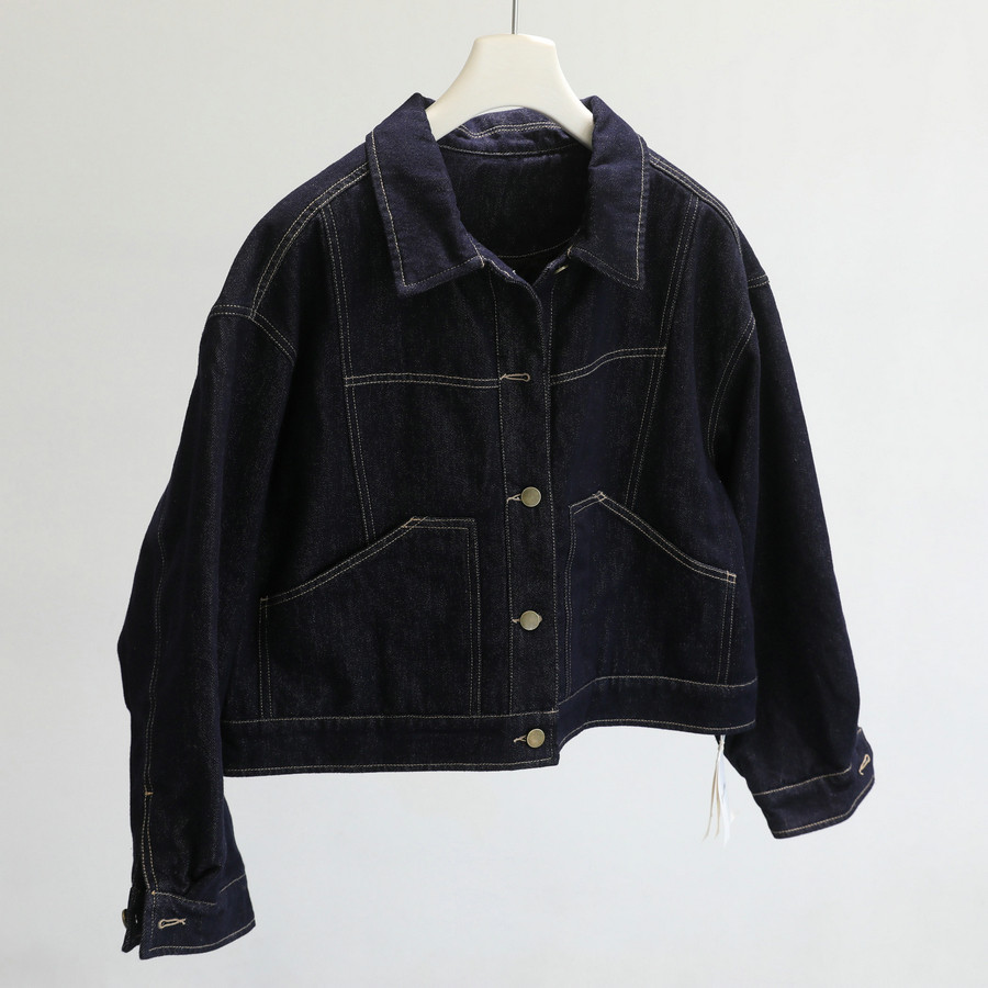 ins博主私服！深蓝色翻领短款牛仔棉外套女宽松休闲夹棉外搭上衣