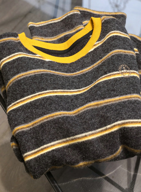 慵懒feel~徽章刺绣兔毛绒拼色条纹打底衫女秋冬韩版宽松套头上衣