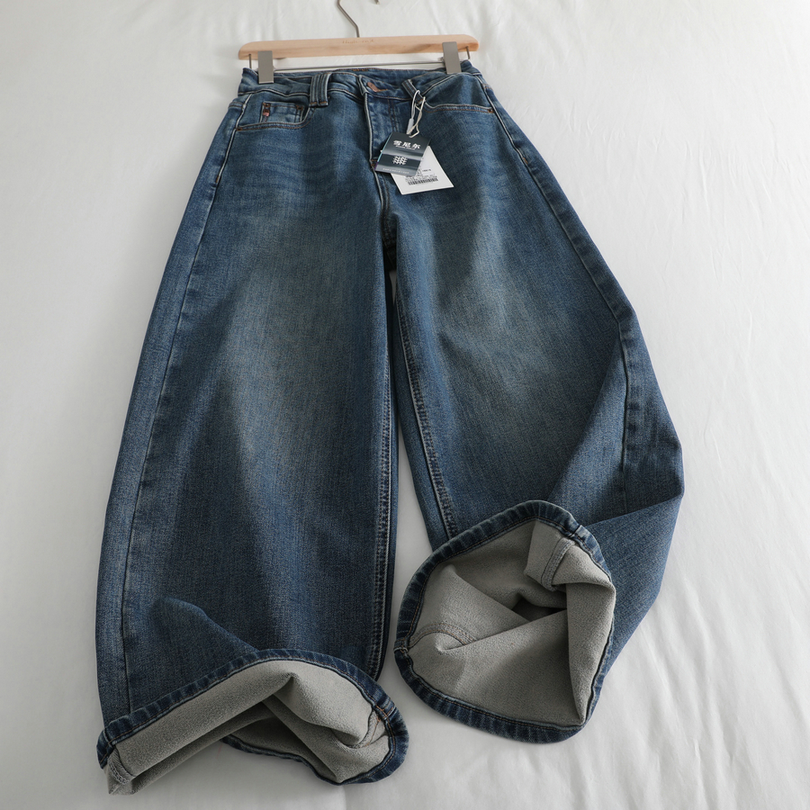 修腿型~显腿直~秋冬薄绒阔腿牛仔裤女高腰宽松显瘦蓝色九分裤