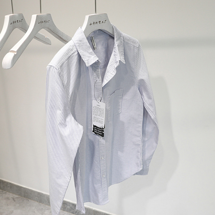 港风春秋竖条纹修身工装长袖衬衣
