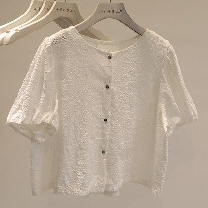 ins博主私服~宽松显瘦圆领钩花镂空短袖衬衫女小众设计感短款上衣