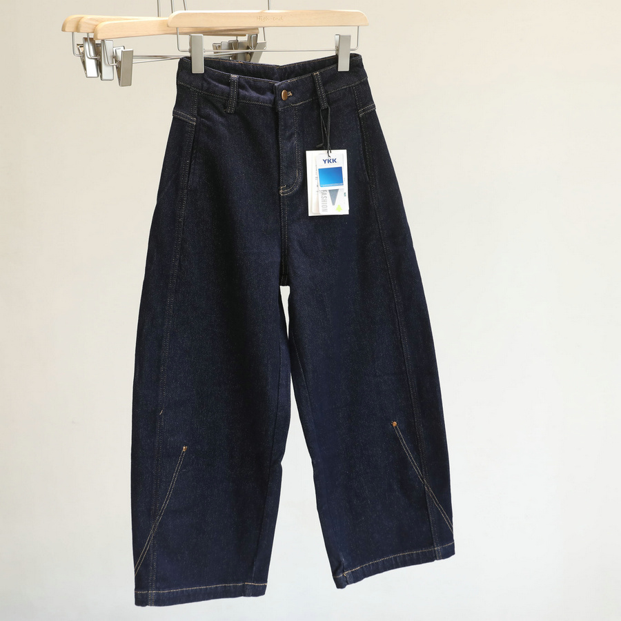 长短双版本！加绒高腰阔腿牛仔裤女深蓝色通勤宽松弹力弯刀裤长裤