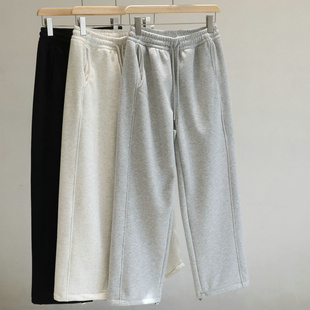 长裤 女松紧高腰浅灰色保暖束脚卫裤 加绒阔腿休闲裤 日单工厂货