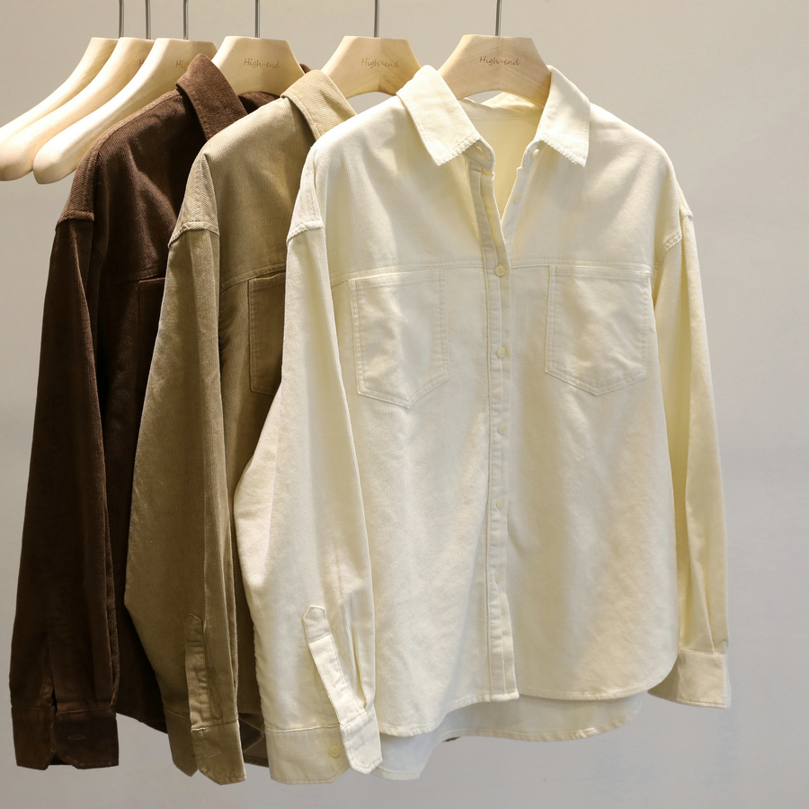 灯芯绒翻领长袖衬衫休闲复古